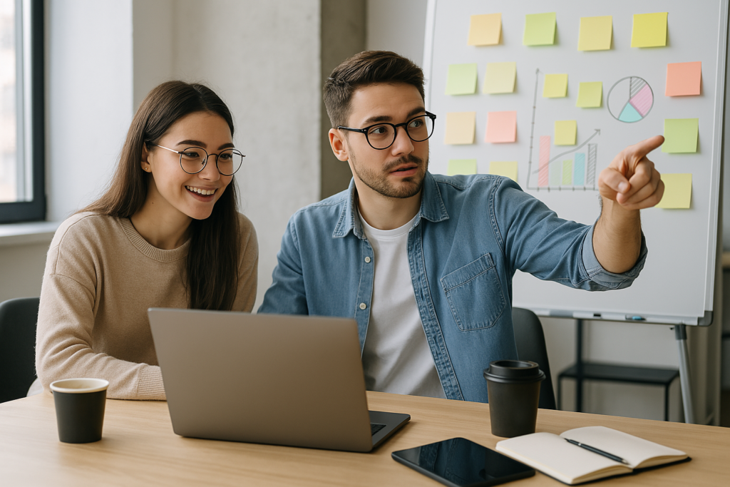Emprendedores validando una idea de negocio paso a paso en oficina moderna